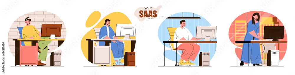 Poster your saas concept scenes set. developers create applications, users buy software subscriptions. soft