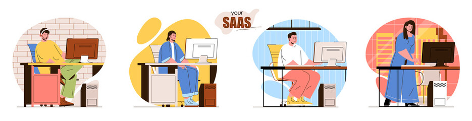 Your SaaS concept scenes set. Developers create applications, users buy software subscriptions. Software as a service. Collection of people activities. Vector illustration of characters in flat design