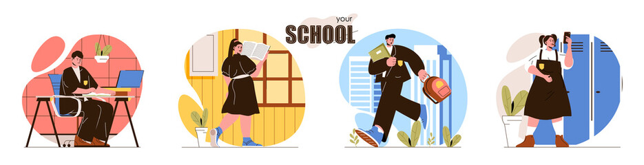 Your School concept scenes set. Pupils in school uniforms rush to class, study lessons, do homework. Students study. Collection of people activities. Vector illustration of characters in flat design