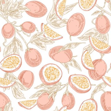 Seamless pastel pattern with passion fruits on white background. Endless repeatable texture with passionfruits and leaves for printing. Hand-drawn vector illustration of fresh tropical maracuja