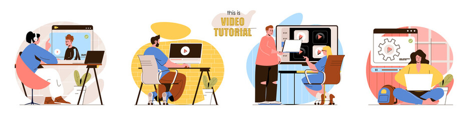 This is Video Tutorial concept scenes set. Men and women watching videos, learning online, training new skills. Collection of people activities. Vector illustration of characters in flat design