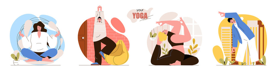 Your Yoga concept scenes set. Men and women practice asanas, training body, relax and meditate in lotus position. Collection of people activities. Vector illustration of characters in flat design - obrazy, fototapety, plakaty