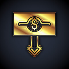 Gold Dollar rate decrease icon isolated on black background. Cost reduction. Money symbol with down arrow. Business lost crisis decrease. Vector