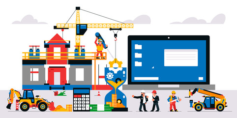 The website is under construction. Technical work, error page. Construction site, machinery, builders, unfinished building, calculator, hourglass, time, gears. Vector illustration on background.