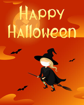 Halloween 2021 poster. Witch in medical mask. Vector illustration.