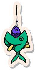 Hand drawn sticker style Fish eating bait icon business metaphor vector illustration