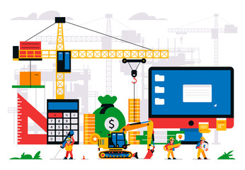 The website is under construction. Error page, maintenance. Construction site, machinery, crane, workers, computer, website, calculator, bag of money, coins key tools Isolated vector illustration