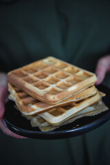 Tasty belgian waffles. Belgian or french waffles for breakfast. Vanilla or chocolate. 