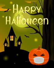 Halloween 2021 poster. Pumpkin in medical mask. Vector illustration.