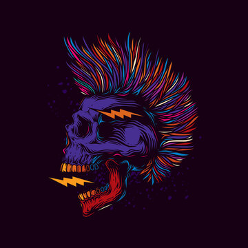 Abstract vector illustration. A skull with an open mouth and a punk rock hairstyle. T-shirt design, stickers, print.