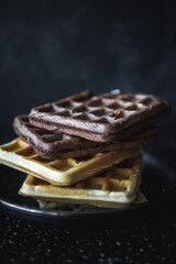 Tasty belgian waffles. Belgian or french waffles for breakfast. Vanilla or chocolate. 