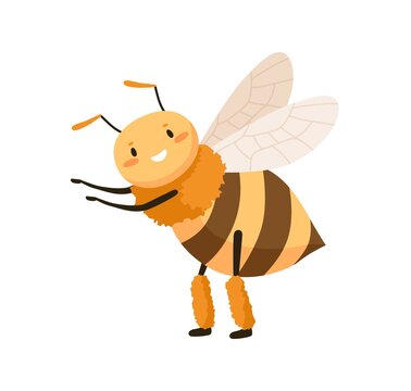 Cute happy honey bee dancing and pointing at smth with small paws. Funny adorable smiling honeybee. Cheerful bumblebee or wasp. Childish colored flat vector illustration isolated on white background