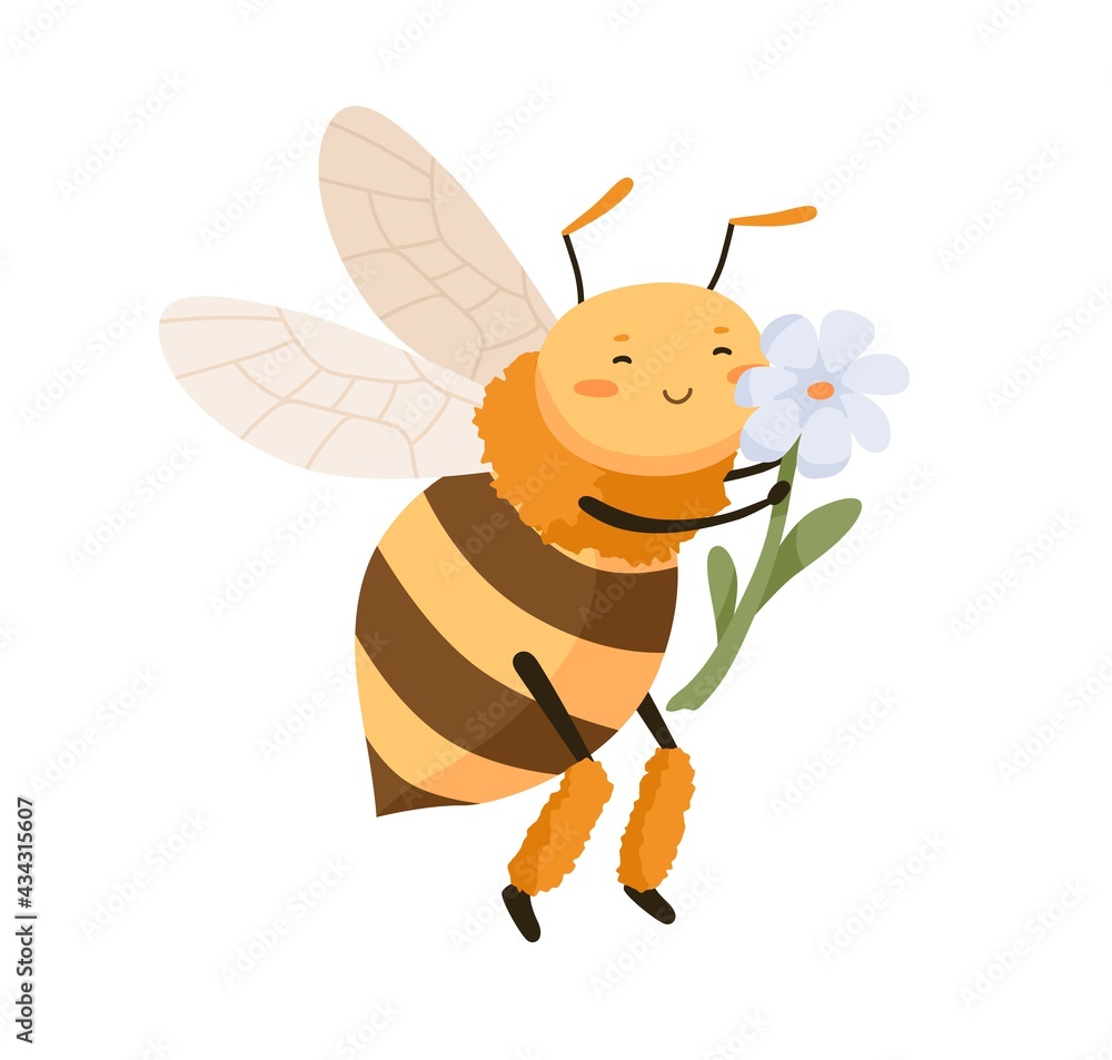 Poster cute happy bee pollinating and smelling fragrant flower. adorable honeybee smiling and enjoying. chi