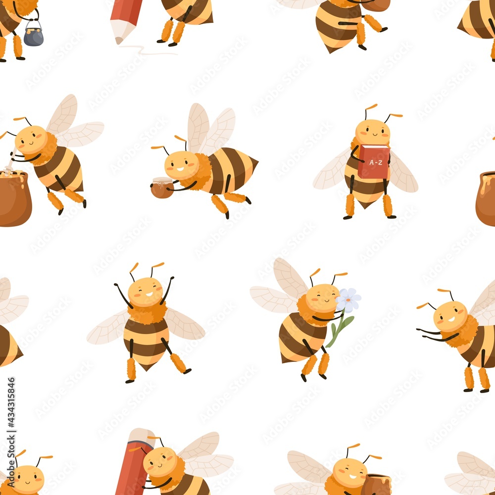 Poster Seamless repeatable pattern with cute honey bees on white background. Endless childish texture with happy funny honeybees. Colored flat vector illustration with baby characters for printing
