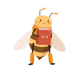 Cute funny honey bee holding school ABC-book. Happy adorable honeybee studying with dictionary. Smart insect character. Childish colored flat vector illustration isolated on white background