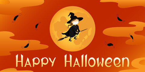Halloween 2021 poster. Witch in medical mask flying on broom. Cartoon style. Vector illustration.