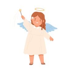 Cute angel holding magic wand with Christmas star. Happy smiling Christian girl with fairy stick, wings and halo. Colored flat vector illustration of child spirit isolated on white background