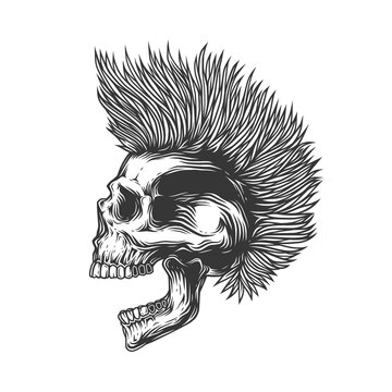 Original monochrome vector illustration on a white background. A skull with an open mouth and a punk rock hairstyle. T-shirt design, stickers, print.