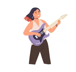 Poster Young modern woman playing rock music on electric guitar. Happy smiling female guitarist. Rocker musician performing on string instrument. Flat vector illustration isolated on white background © Good Studio