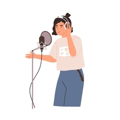 Young singer singing and recording song with professional studio mic and headset. Voice record of modern vocalist. Colored flat vector illustration of pop musician isolated on white background - obrazy, fototapety, plakaty