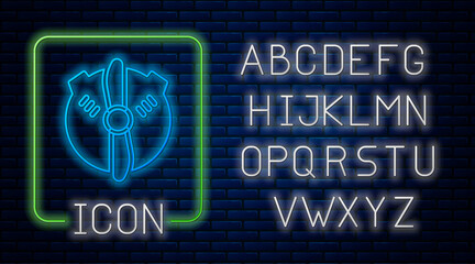 Glowing neon Plane propeller icon isolated on brick wall background. Vintage aircraft propeller. Neon light alphabet. Vector