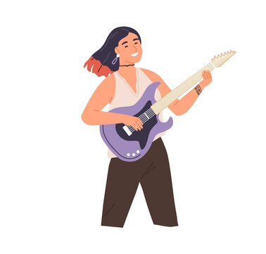 Young Modern Woman Playing Rock Music On Electric Guitar. Happy Smiling Female Guitarist. Rocker Musician Performing On String Instrument. Flat Vector Illustration Isolated On White Background