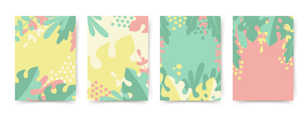Abstract floral creative backgrounds set.Trendy wallpapers in minimal simple style with tropical leaves.Vector for banners,advertisements,cover design templates,invitations,posters,social media posts