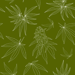 Hand drawn seamless texture with marijuana leves, herbs, cannabis plant