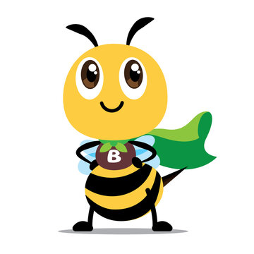 Cute superhero bee with green cloak protect the natural environment in flat design
