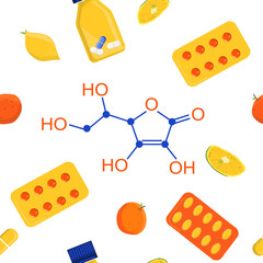 Ascorbic acid seamless pattern.Vitamin C with Chemical formula.Anti aging complex pills.Lemons and oranges are a natural nutrient.Disease prevention.Bio supplement for the Immune System.Vector