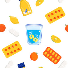 Ascorbic acid seamless pattern.Vitamin C Effervescent tablet dissolves in a glass of water. .Anti aging complex pills.Lemons and oranges are a natural nutrient.Bio supplement for the Immune System.