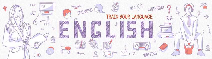 Horizontal Internet banner learning English: language teacher, student training. Blue Outline icons, symbols, white background. Line art illustration for English school, course, panoramic view, vector