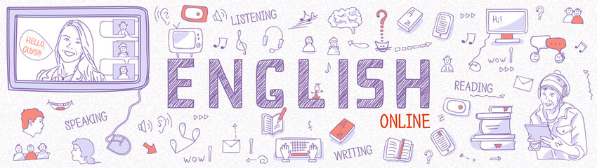 Horizontal Internet banner learning English: language teacher with student book. Blue outline icons, symbols white background. Line art illustration for English school, courses, panoramic view, vector