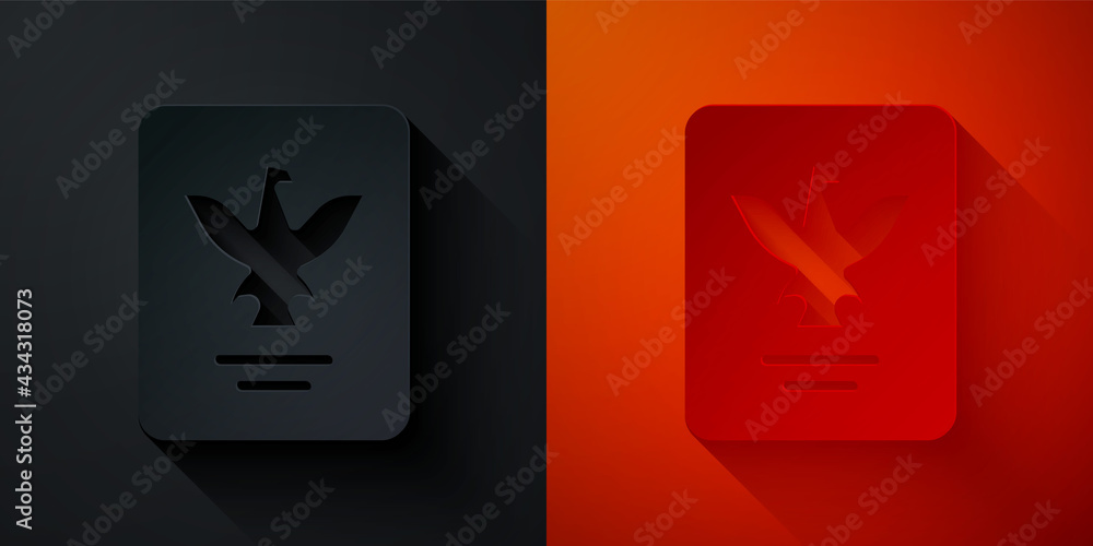 Poster paper cut passport with biometric data icon isolated on black and red background. identification doc