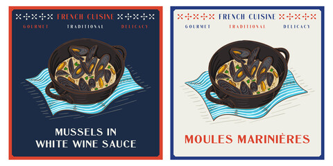 Mussels in White Wine Sauce or Moules Mariniere in pot - obrazy, fototapety, plakaty