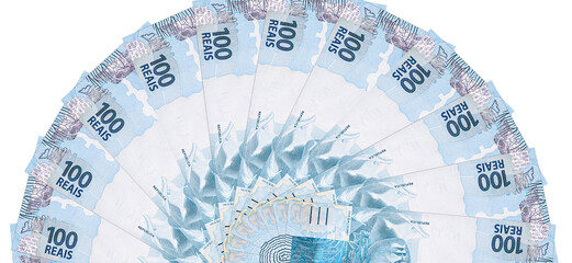 several banknotes of one hundred reais from brazil, texture of brazilian money, notes of reais...