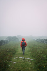 Woman hiker with backpack walking in foggy meadows