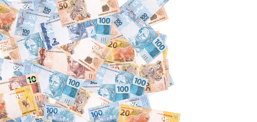 Fototapeta na wymiar various brazil money banknotes, real banknotes in texture and background
