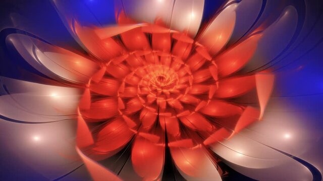 Fast rotating red shining abstract lotus flower with many big glitting petals. Spiral moving fractal