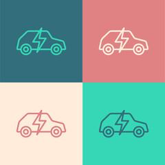 Pop art line Electric car and electrical cable plug charging icon isolated on color background. Renewable eco technologies. Vector