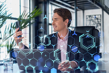 Businessman in suit using smart phone to optimize development by implying new technologies in...