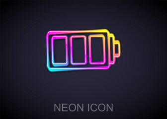 Glowing neon line Battery charge level indicator icon isolated on black background. Vector