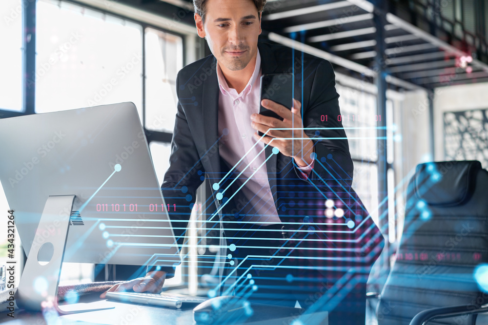 Poster businessman in suit using smart phone to optimize development by implying new technologies in busine