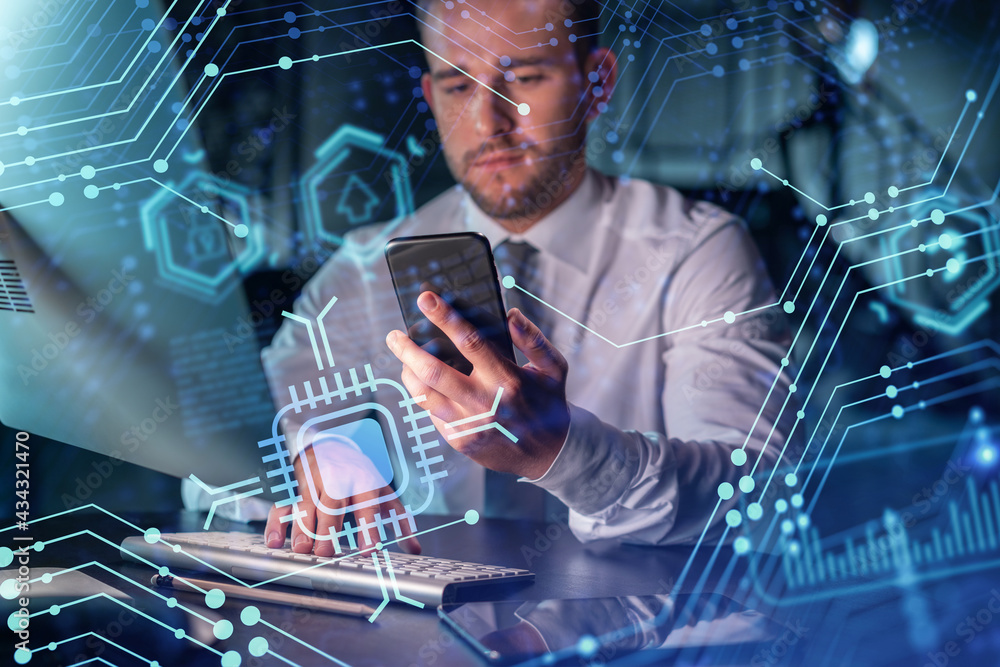 Poster businessman in casual wear using smart phone to optimize development by implying new technologies in