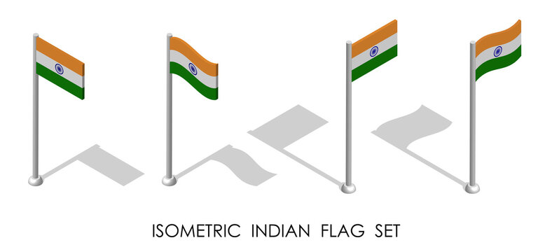 isometric flag of Republic of India in static position and in motion on flagpole. 3d vector