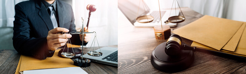 Business and lawyers discussing contract papers with brass scale on desk in office. Law, legal services, advice, justice and law concept picture with film grain effect