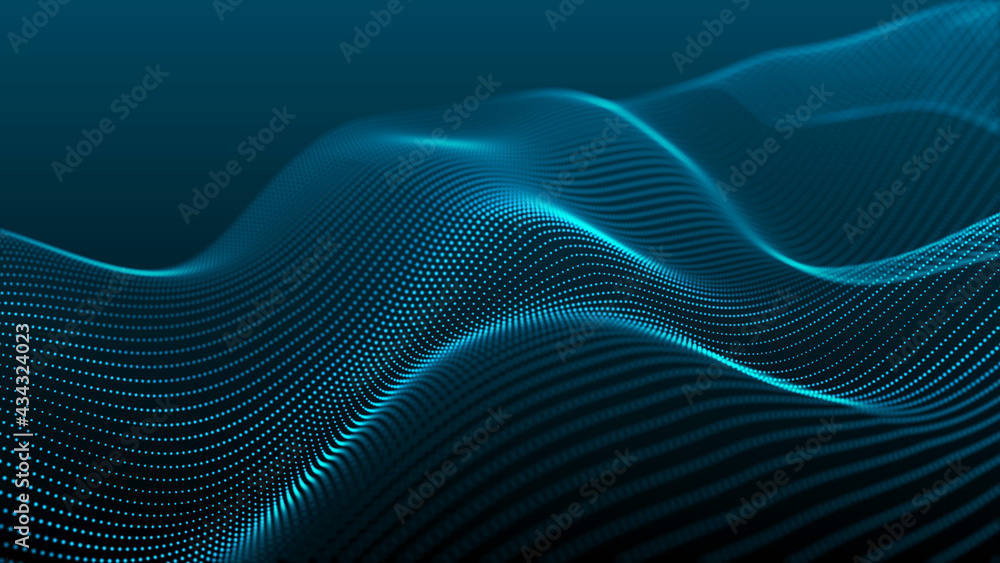 Poster abstract digital background. futuristic wave of dots and weave lines. digital technology. 3d renderi