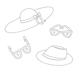 Summer sun hats and sunglasses.Isolated contour black and white objects on a white background.