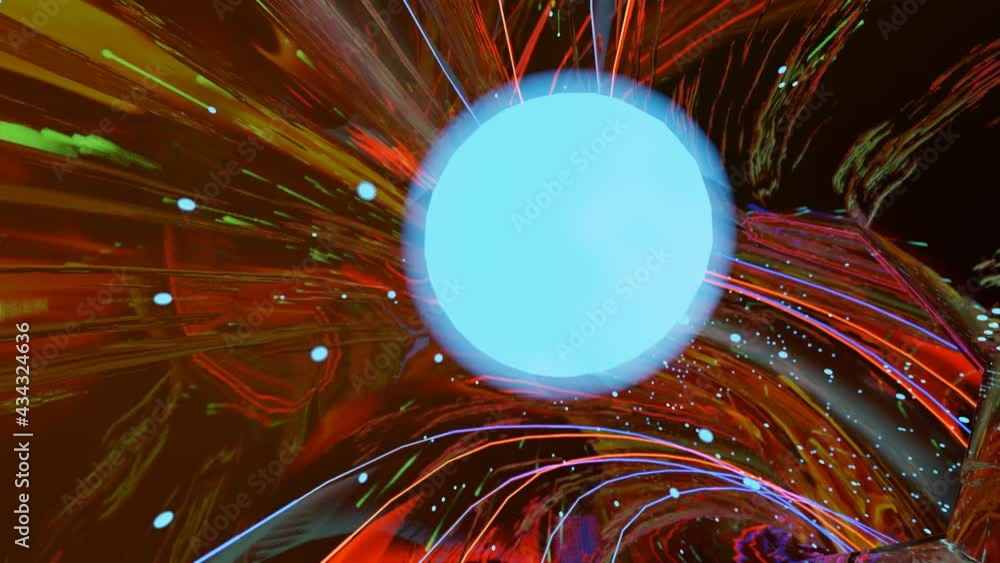Poster flying through an abstract 3d glossy tunnel with neon lighting. loop animation 3d render illustratio