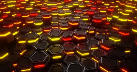 Fototapeta premium Red and Orange close-up. Hexagon abstract background. hexagonal structure 3d illustration